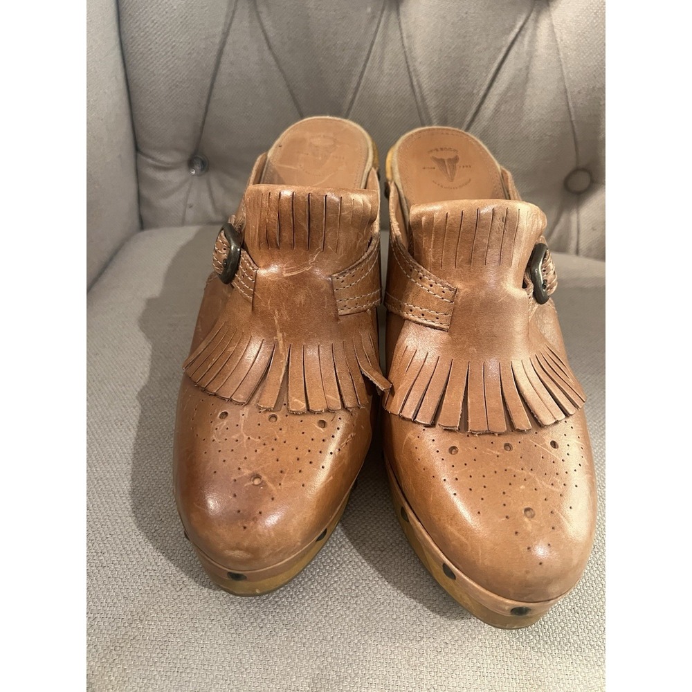 Frye Elle Kiltie Fringe Brown Leather Clogs Wood 10 Medium Thick Heel‎ BoHo - Picture 3 of 12